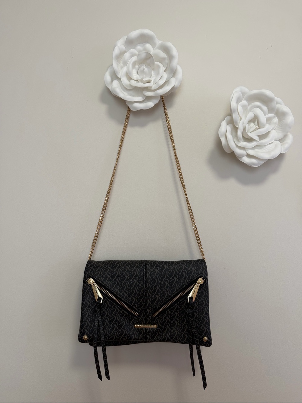 Rampage Black Crossbody Bag with Gold Chain & Zipper Accents